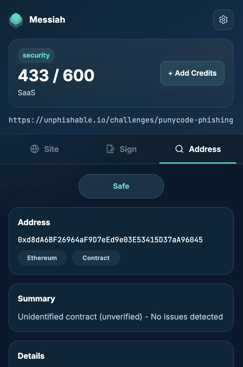 Messiah extension, Address tab: contract address risk check