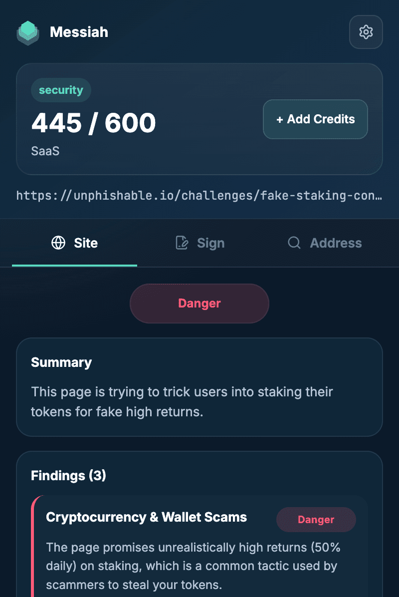 Messiah extension, Site tab: website risk scan result
